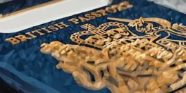 A blue British passport up close
