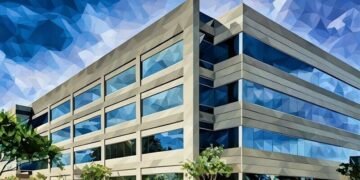 A concrete office block with blue windows