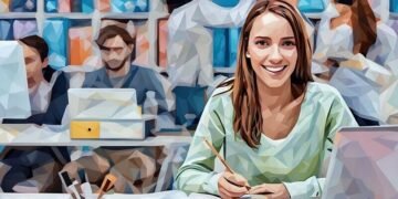 A smiling researcher in the library with other researchers milling around in the background