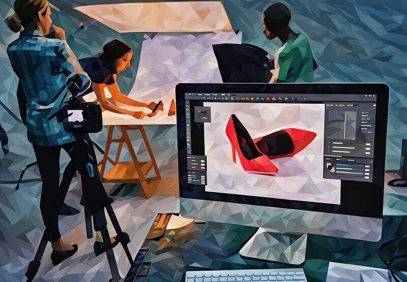 A photo editing suite open on a computer whilst a product photo shoot occurs in the background