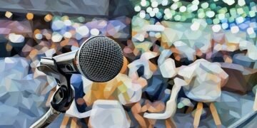 A microphone closeup at an event, with the background showing all the conference people