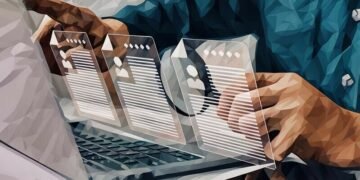 A laptop with CVs popping up from it and a recruiter using a magnifying glass to analyse them