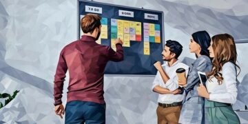 A manager explaining agile and scrum methodology to his startup team