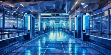 Entering a futuristic train station with automated fare collections