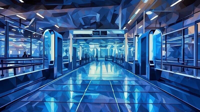 Entering a futuristic train station with automated fare collections
