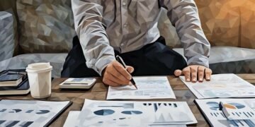 An entrepreneur standing over papers that are being used to value his business