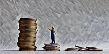 Three piles of coins, with a man standing on the centre pile pointing at the biggest pile
