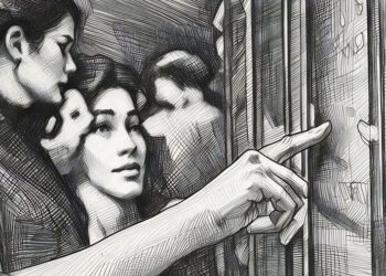 A woman's hand reaching to touch the display of a digital sign at a store.