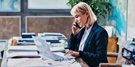 A PR director sitting at her desk with a laptop, taking a client call