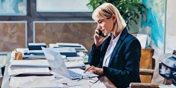 A PR director sitting at her desk with a laptop, taking a client call