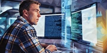 A developer coding via his computer