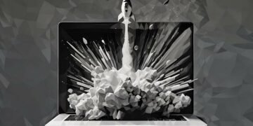 A rocket launching from a laptop in black and white