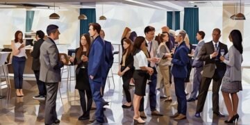People milling around a business networking event