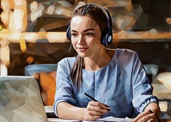 A women doing an online course on her laptop at the kitchen table