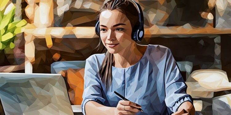 A women doing an online course on her laptop at the kitchen table