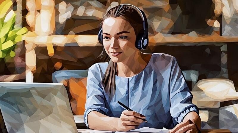 A women doing an online course on her laptop at the kitchen table
