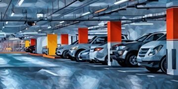 An underground secured corporate parking place with many cars in it