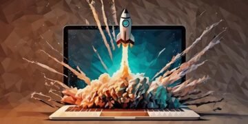 A rocket launching from a laptop