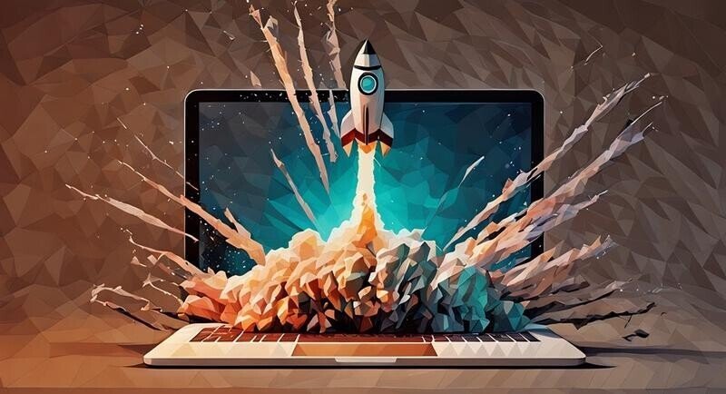 A rocket launching from a laptop