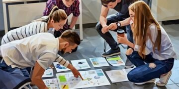 A startup team with papers on the ground, trying to visually structure her plan