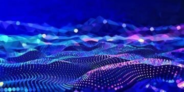 A flowing sea of data points that interconnect to form the wave