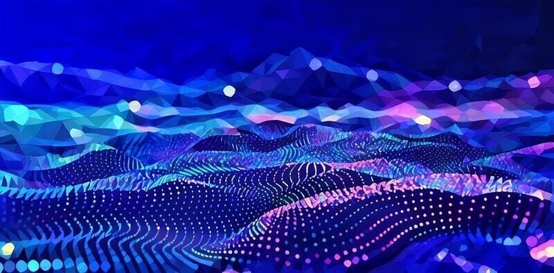 A flowing sea of data points that interconnect to form the wave