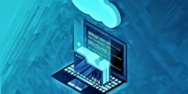 A computer with a digital file system from the cloud coming out of it