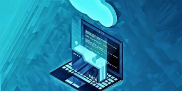 A computer with a digital file system from the cloud coming out of it