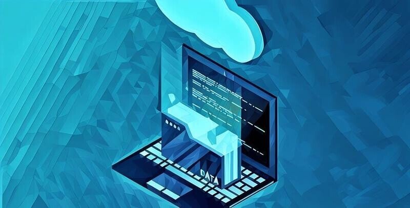A computer with a digital file system from the cloud coming out of it