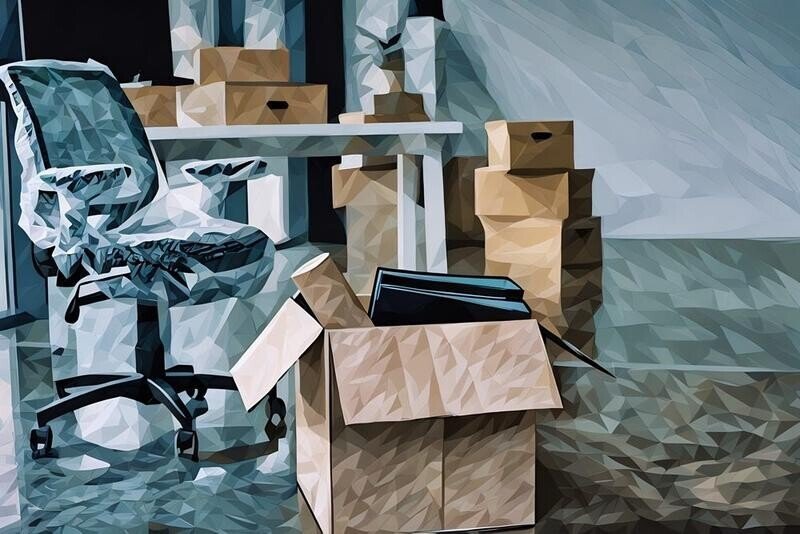 An office packed up ready to move with boxes and furniture ready to shift