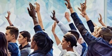 A group of employees in a workshop raising their hands to bid on a prize