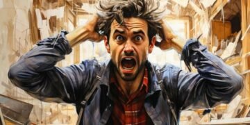 A creative employee losing his mind in the office, stressed, raising his hands to his head
