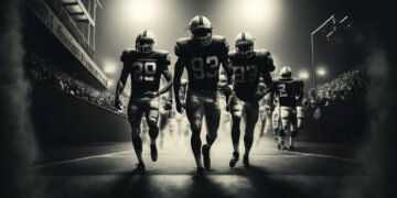 An NFL team walking out into the stadium, led by a leader with clear qualities