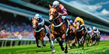 A series of horses galloping towards the finish line