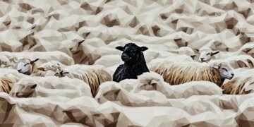 A black sheep standing out in the middle of a flock of whitesheep