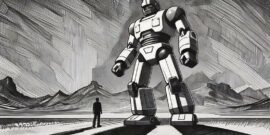 A giant AI robot with a man standing in its shadow