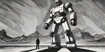 A giant AI robot with a man standing in its shadow