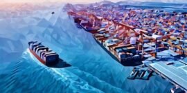 A port with freight ships being loaded/unloaded coming and going