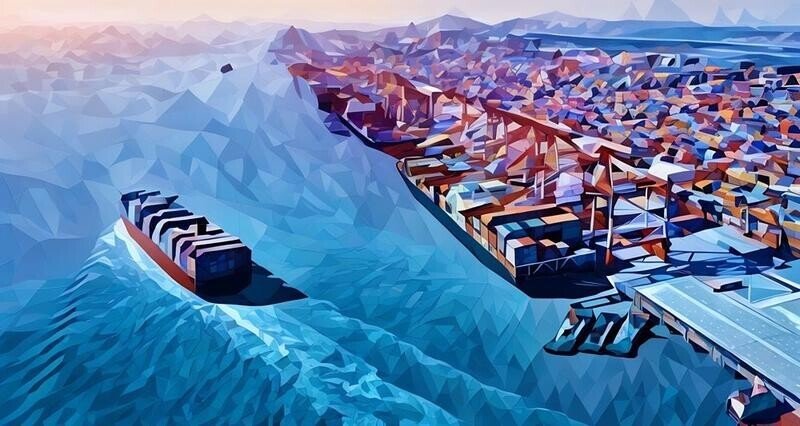 A port with freight ships being loaded/unloaded coming and going