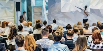 A conference where teams of different businesses are watching an educational panel