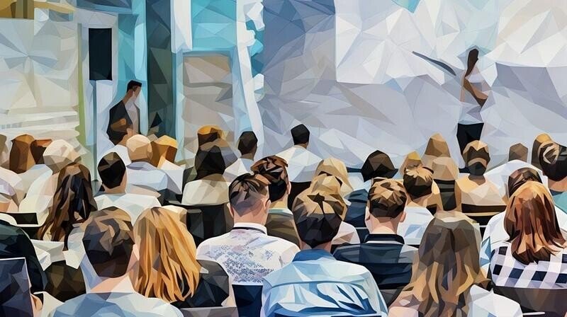 A conference where teams of different businesses are watching an educational panel