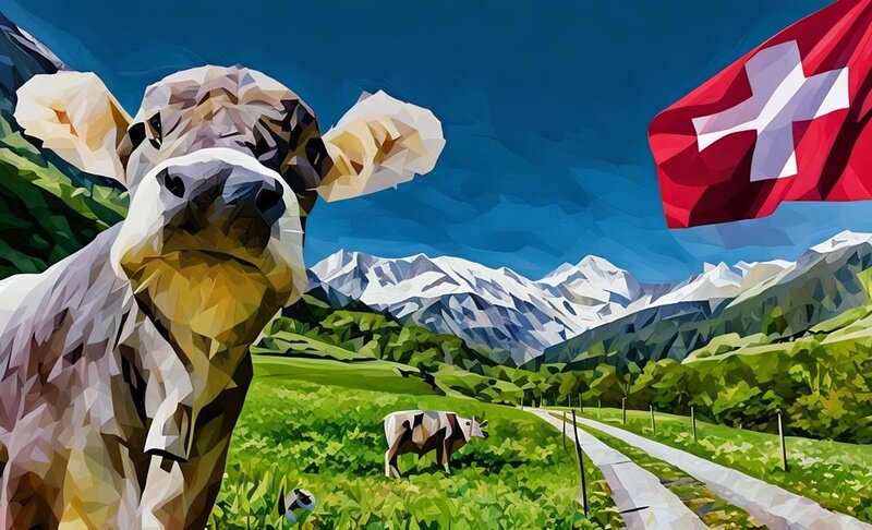 A cow in the swiss highlands looking at the camera with a mountainous background and a swiss flag in the background