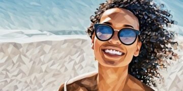 Headshot of a woman wearing sunglasses at the beach