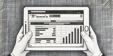 A closeup of a person using a tablet to calculate financial projections