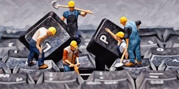 A series of construction workers taking apart a keyboard, showing how you have to work to come up with a great business ideas