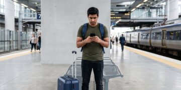 A business traveller dressed casually on his phone at a train station with luggage