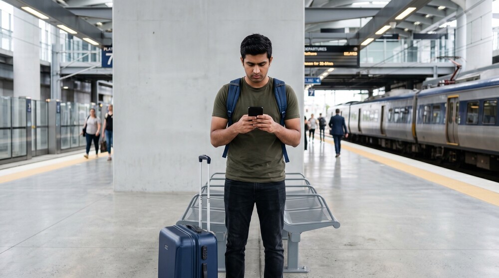 A business traveller dressed casually on his phone at a train station with luggage