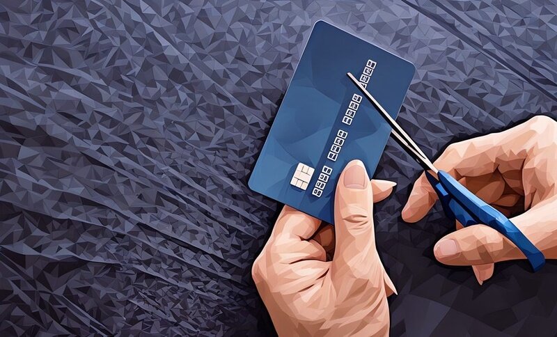 A persons hands close-up cutting a credit or debit card with scissors