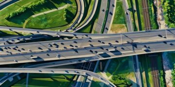 A series of cars running across freeways