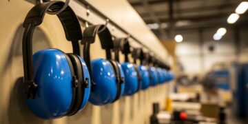 A series of industrial ear defenders lined up on the wall in a manufacturing facility